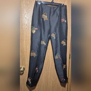 Sunny Leigh Silk Pants Womens Black Embroidered Bags purses print Size 8